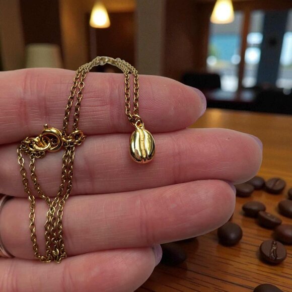 Espresso Bean Coffee Tiny Charm Necklace Gold Tone Coffee Lover Gift For Her - Picture 6 of 8